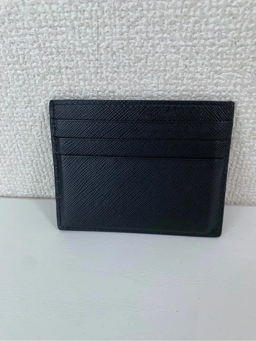 Prada Black Saffiano Leather Card Case with Gold Triangle Logo